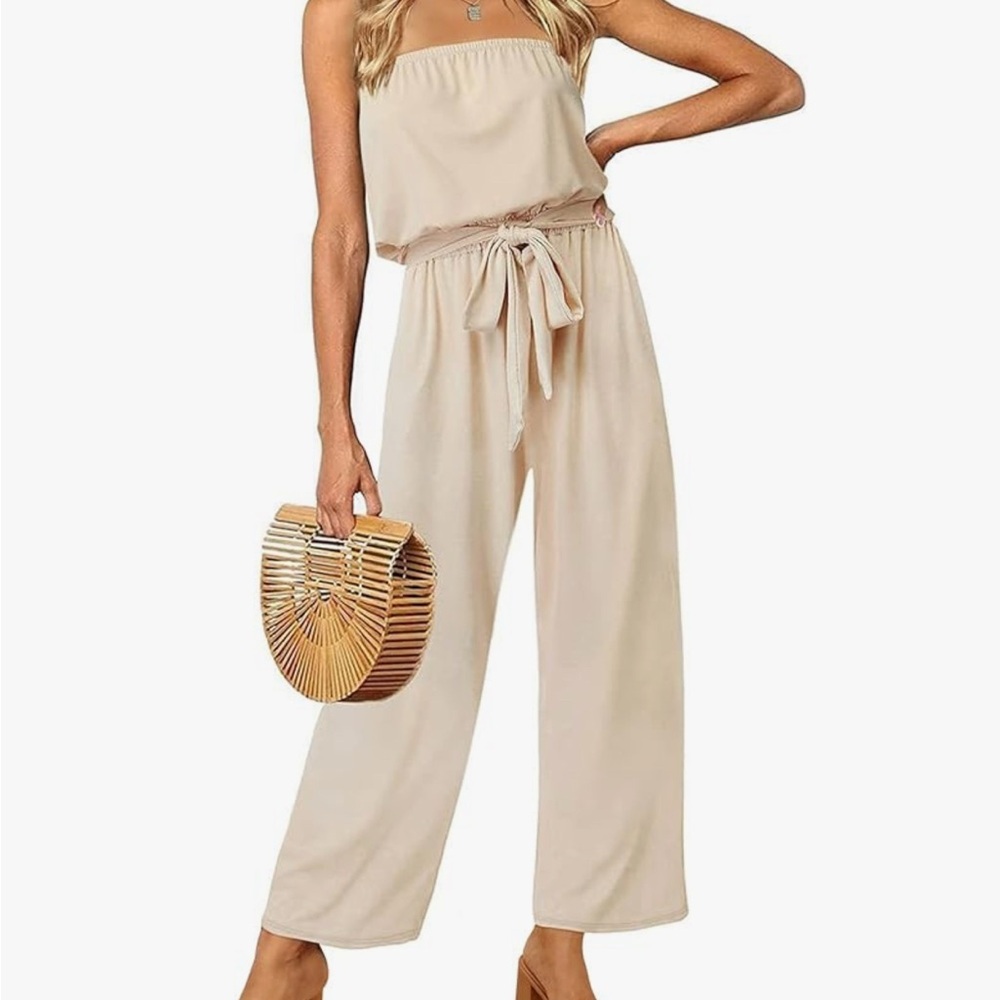 Strapless Wide-Leg Jumpsuit with Tie Waist in Light Beige